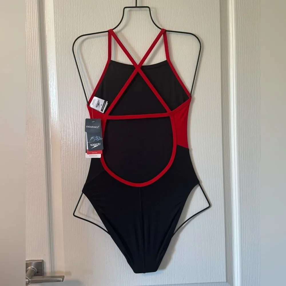 Speedo Women's Swimsuit One Piece Endurance+ Cross Back Black Red 28 NWT